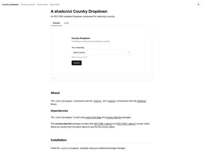 Shadcn Country Dropdown recently added example